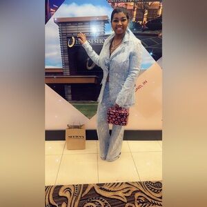 Diamond Denim Wide-Leg Pant Set - Light Blue